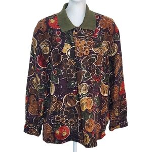 Kriss Kross Vintage Green and Purple Fruit Print Silk Blouse Size Medium